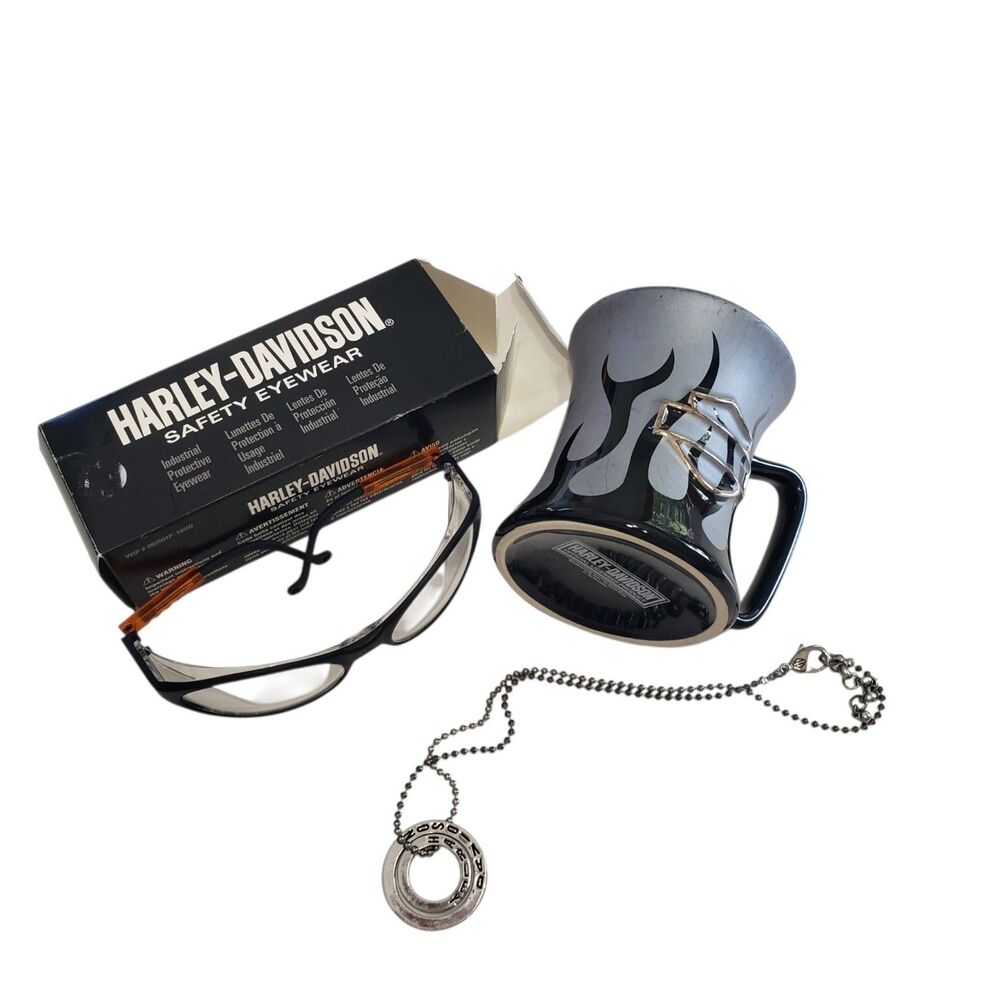 Lot of 3 Harley-Davidson Items: Mug, Necklace, and Safety Eyewear